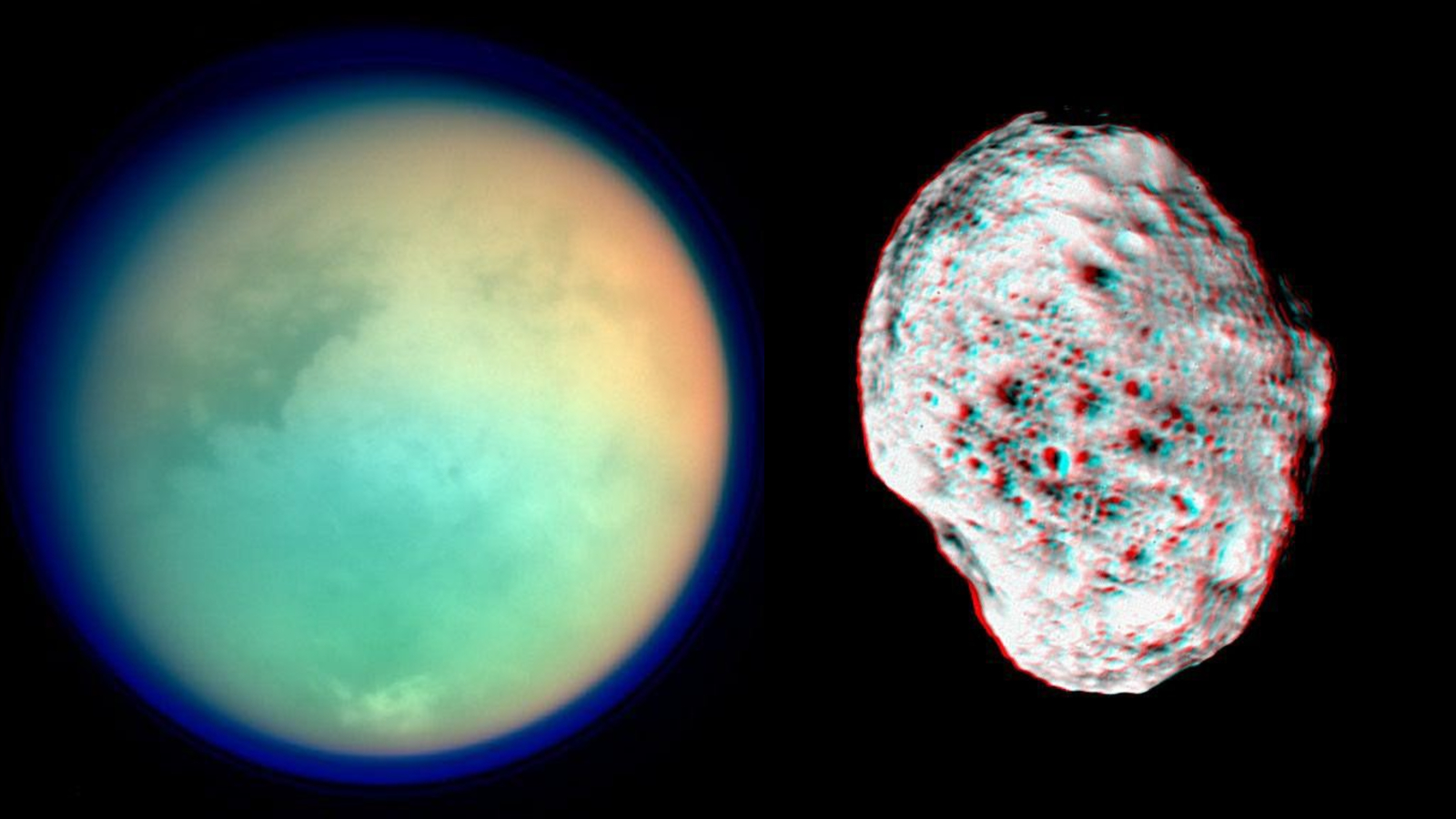Side-by-side photos of Titan and Hyperion