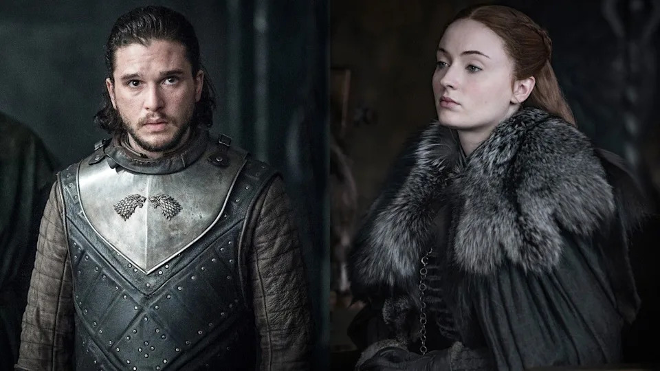 From left to right: Kit Harington in Game of Thrones looking forward and Sophie Turner in Game of Thrones looking to her left. .
