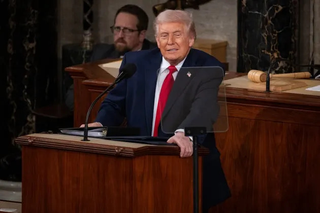 U.S. President Donald Trump delivers his State of the Union address to a joint session of Congress in the chambers of the U.S. House of Representatives in Washington, D.C., United States, on Feb. 24, 2026.