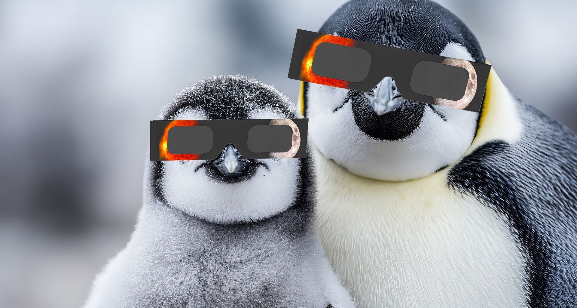 an adult penguin (right) and a baby penguin (left) are looking at the camera wearing solar eclipse glasses.