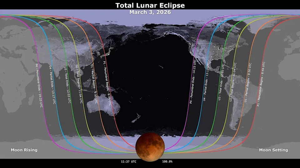 Path of the total lunar eclipse on Tuesday, March 3, 2026.
