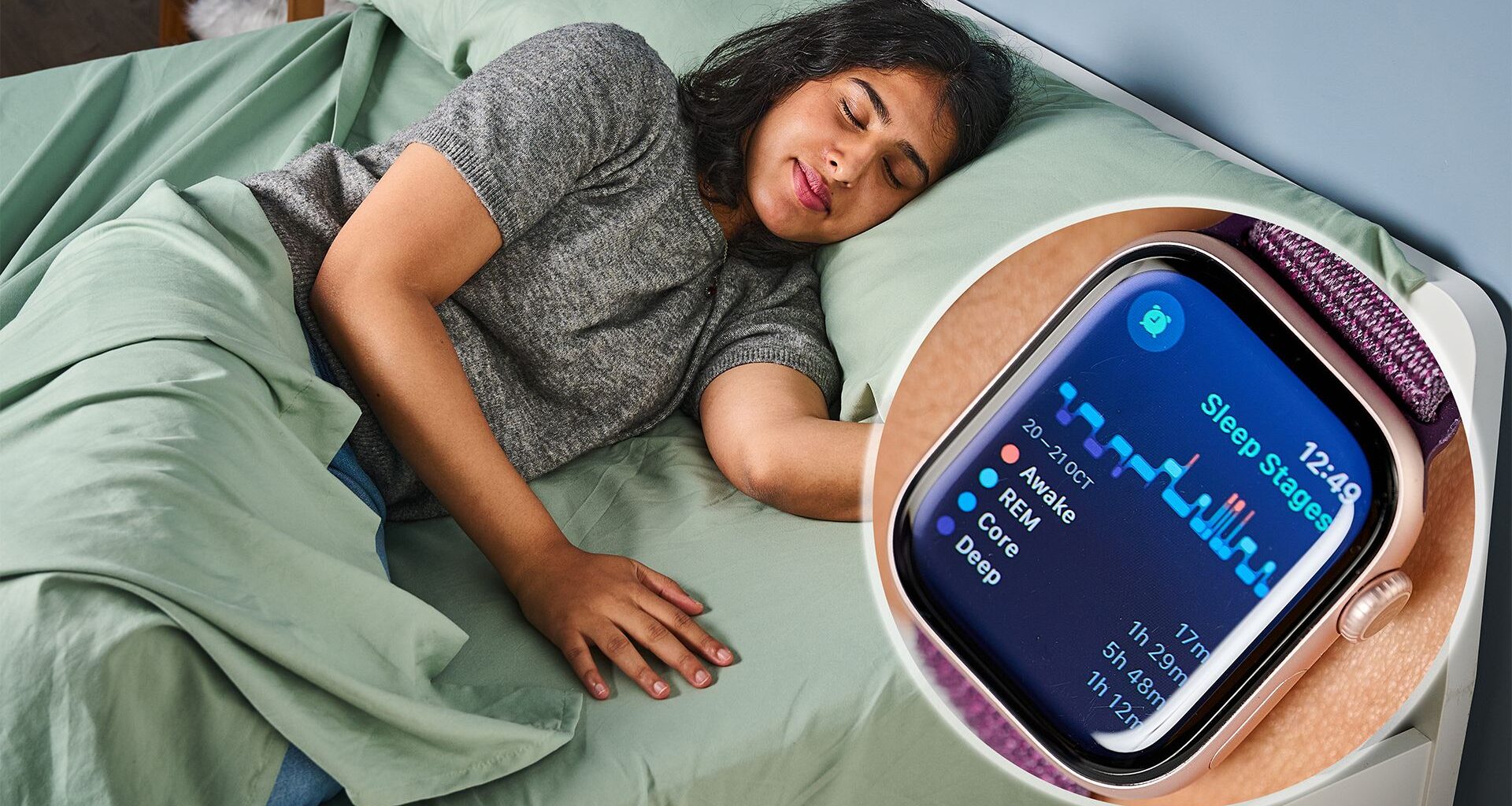 A woman lies asleep in a bed. In the bottom right corner is a close up of the Apple Watch sleep tracker showing the various sleep stages