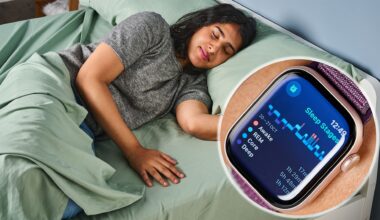 A woman lies asleep in a bed. In the bottom right corner is a close up of the Apple Watch sleep tracker showing the various sleep stages