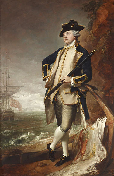 A historical portrait of a naval officer in 18th-century attire, standing confidently by the sea with ships in the background.