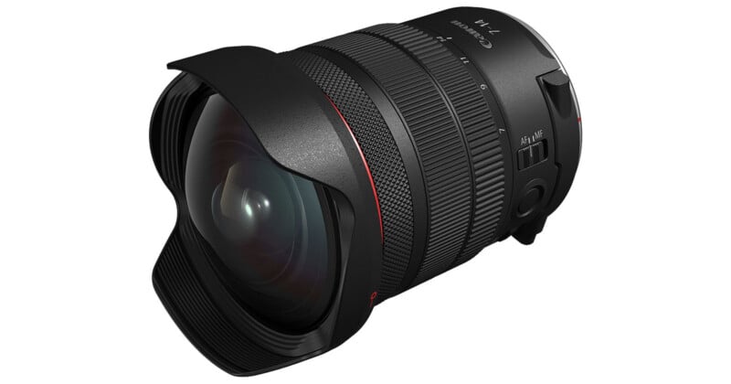 A close-up view of a Canon RF 14-35mm f/4L IS USM wide-angle camera lens featuring a large front element, textured zoom and focus rings, and a petal-shaped lens hood.