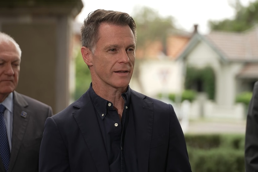 The premier dressed in a dark suit and shirt addressing reporters at a press conference.