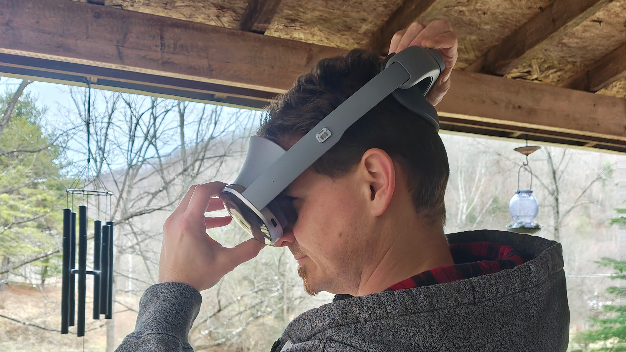 Putting the Samsung Galaxy XR on my head, starting with the front on my nose first