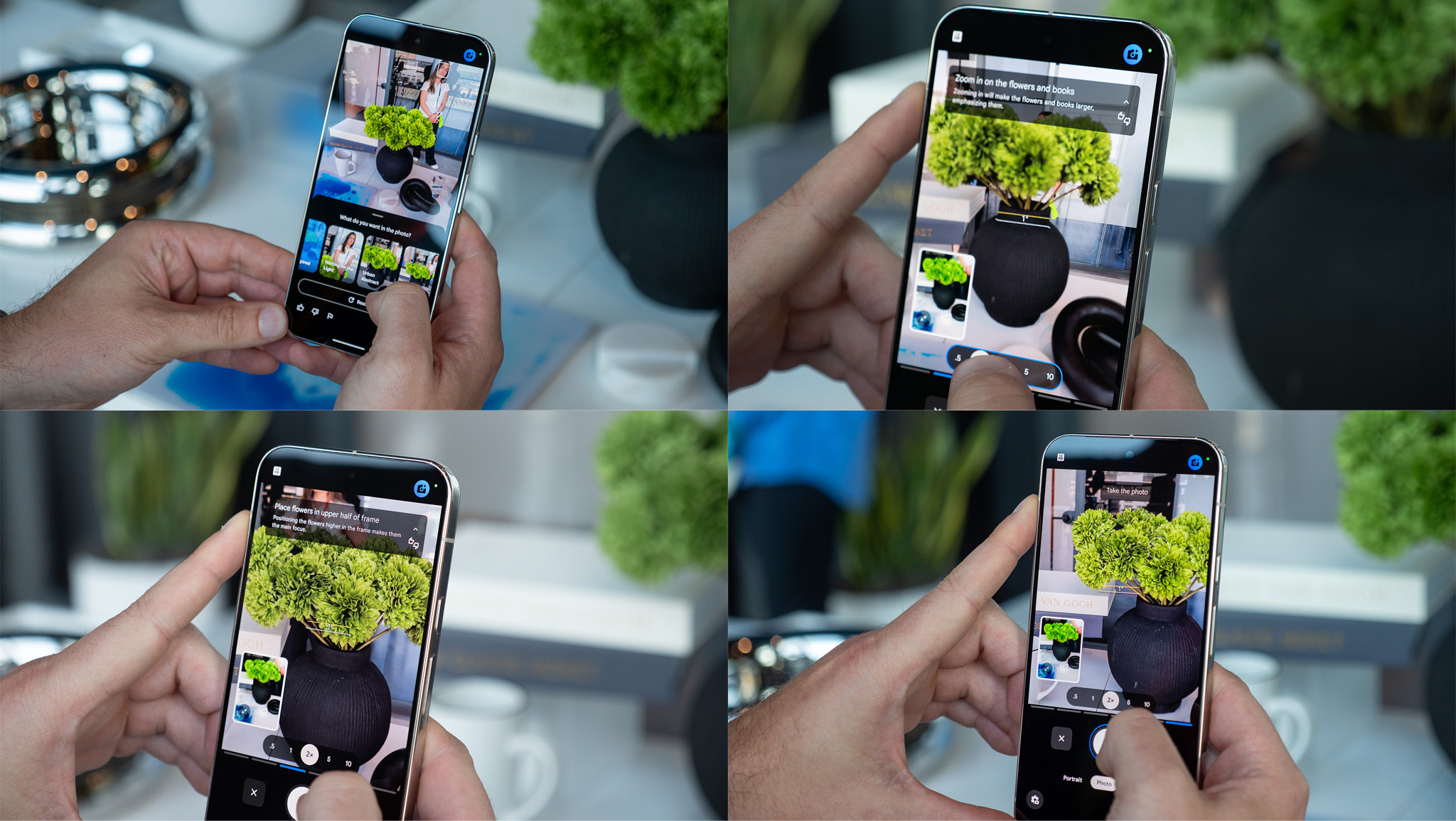 Testing out the Camera Coach functionality on a Google Pixel 10 Pro to take an "artistic" picture of a potted plant