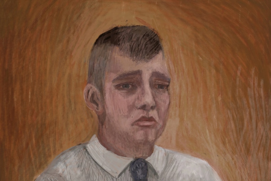 A emotional looking man in a sketch. 