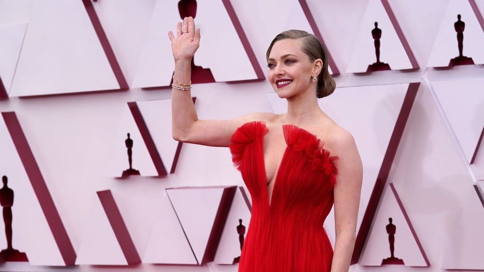Amanda Seyfried arrives at the Oscars on Sunday, April 25, 2021, at Union Station in Los Angeles. (AP Photo/Chris Pizzello, Pool)