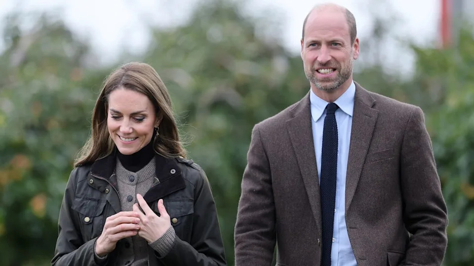 Catherine, Princess of Wales and Prince William, Prince of Wales walk during a visit to Long Meadow Cider on October 14, 2025 in Craigavon.