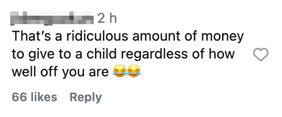Comment discussing excessive money given to a child, emphasizing its absurdity