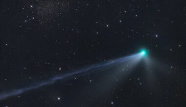 Comet E1 Wierzchos passes the Sculptor Dwarf Galaxy PGC 3589 on February 14th, 2026. Credit: Gerald Rhemann.