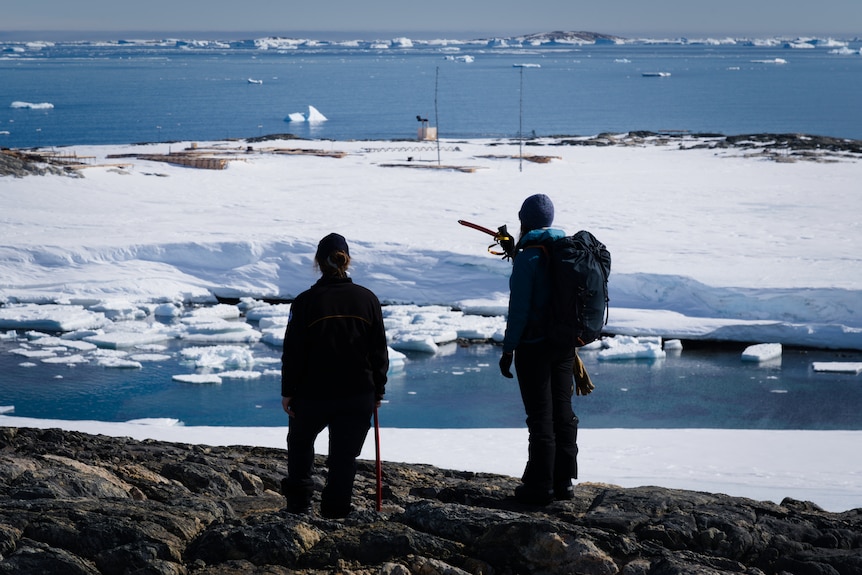 Two people on snow, one pointing at the sea.