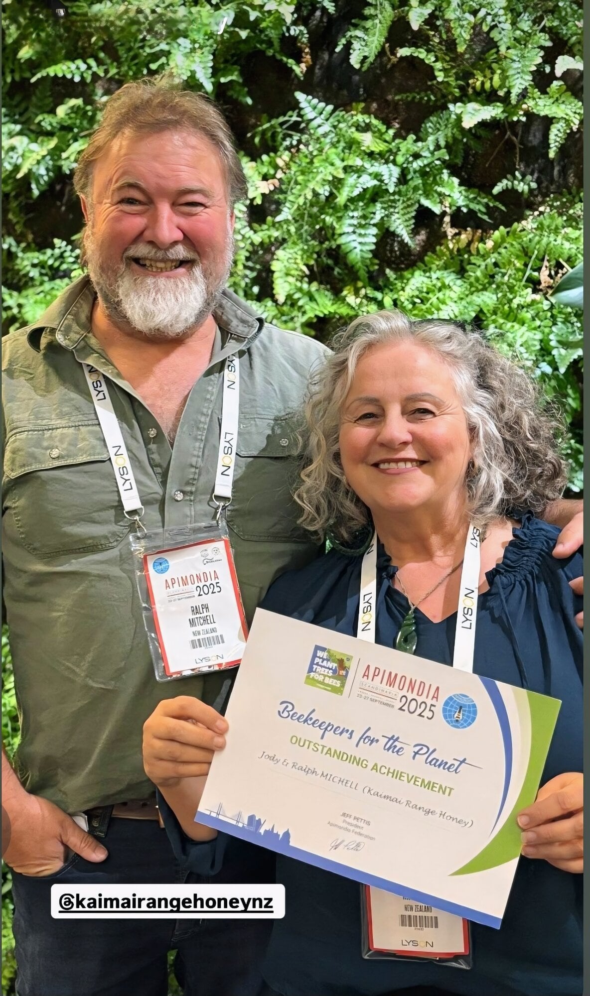 Ralph and Jody Mitchell won the Beekeepers for the Planet Outstanding Achievement Award at Apimondia 2025 for their Trees for Bees regeneration work on their 1200ha Taranaki property.