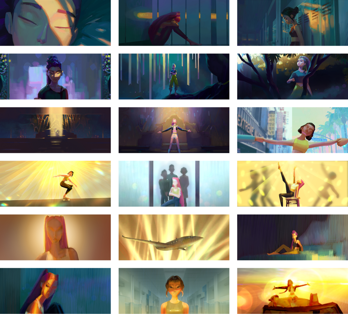 Animated storyboard panels showing a young person exploring varied emotional states and environments—city, forest, underwater—often interacting with light, movement, and expressive dance in vibrant, artistic settings.