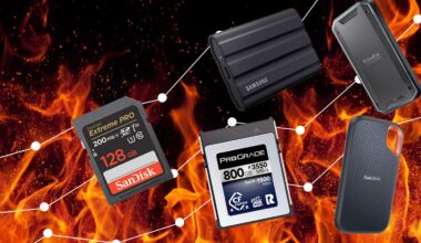 Five types of memory cards and external drives are shown against a fiery background with white connecting lines, highlighting various data storage devices for professional use.
