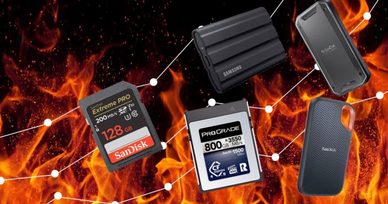 Five types of memory cards and external drives are shown against a fiery background with white connecting lines, highlighting various data storage devices for professional use.