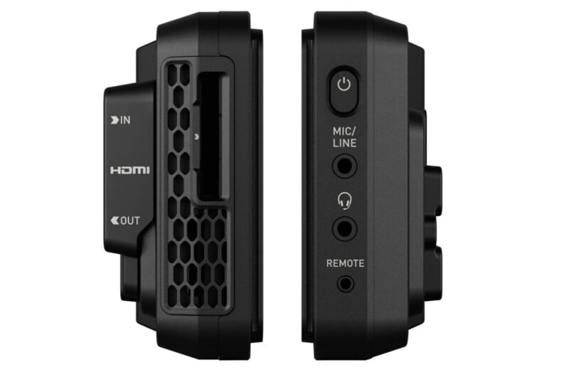 Two black electronic devices with side views displayed; the left has HDMI IN/OUT ports and a vent, while the right shows power button, mic/line and headphone jacks, and a remote port.