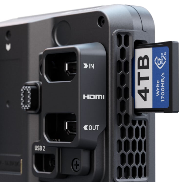 Close-up of a device with HDMI and USB 2 ports, showing a 4TB memory card partially inserted into a card slot labeled "CFexpress." The image highlights the memory card with "Write 1700MB/s" printed on it.