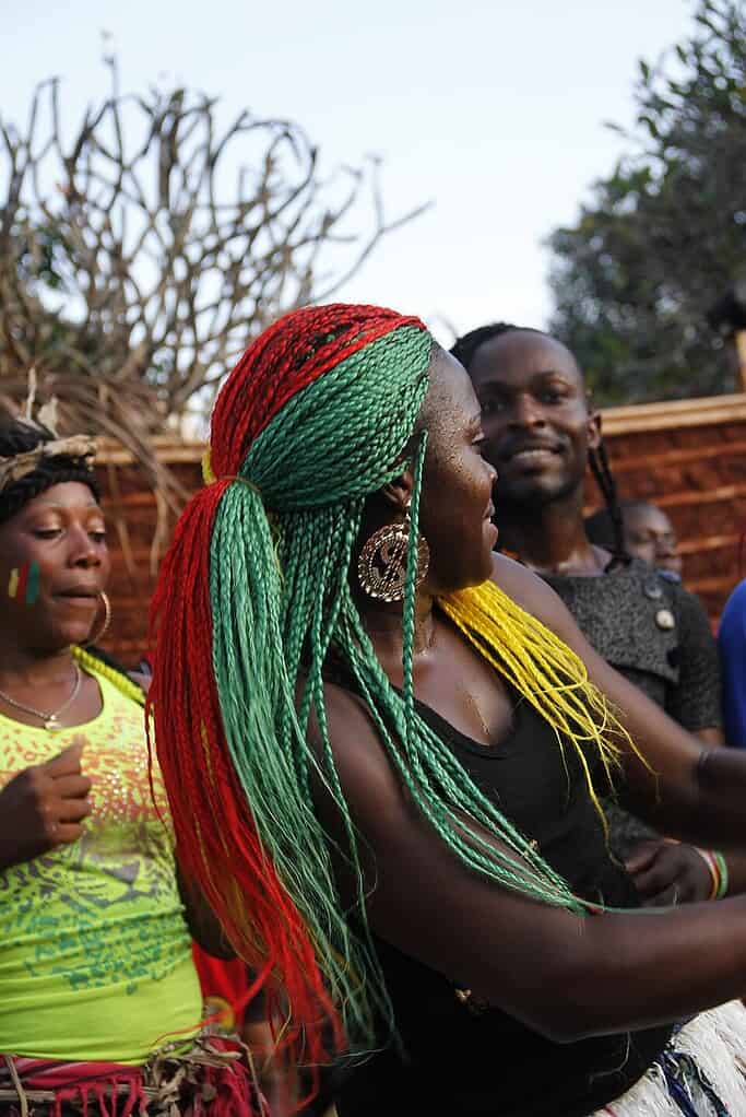 A woman with colorful braided hair and traditional jewelry at a cultural gathering.