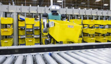 A Digit robot works in an Amazon distribution center.