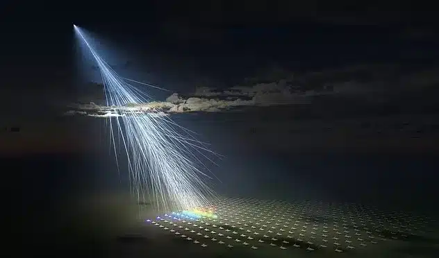 An Ultra High Energy Cosmic Ray Slams Into Earth, Triggering A Cascade Of Particles Across A Vast Detector Array.