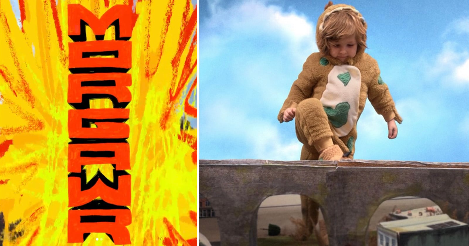 A split image: on the left, bold orange and black text reads "MORGASWAR" against a fiery yellow background; on the right, a child in a fuzzy dinosaur costume stomps over a model bridge and toy buildings.