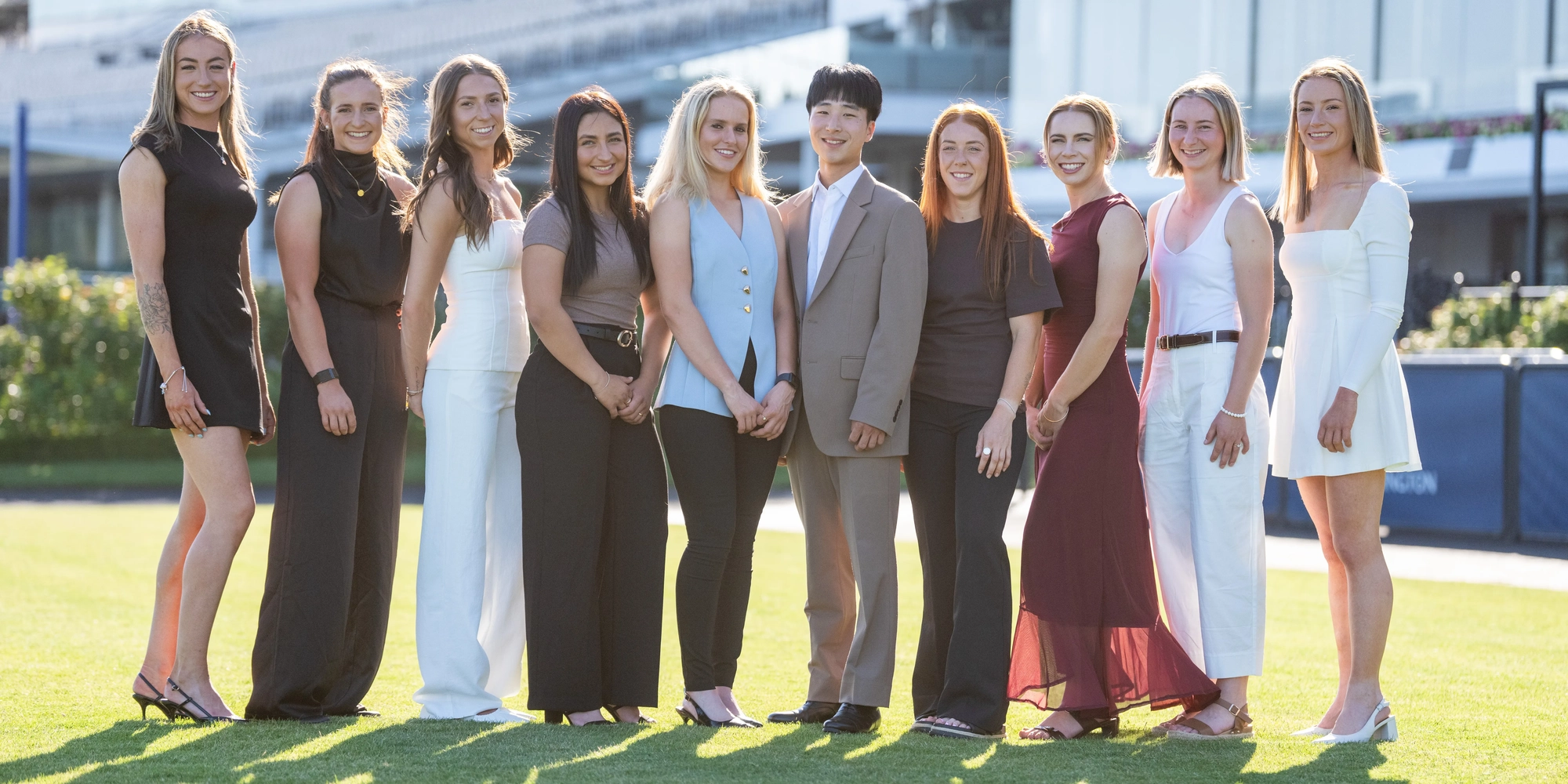  Apprentice jockeys, from left, Natasha McMahon, Laura Ross, Samantha Young, Maddison Marin, Isabelle Laveglia, Changgyun Ma Yu, Sarah McDonough, Tyra Dowsett, and Briony Deeker-Fraud. (Image: Jay Town/Racing Photos)