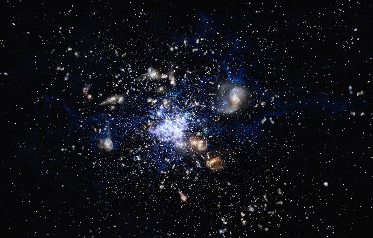 This artist’s impression shows a protocluster forming in the early Universe (Credit : ESO/M. Kornmesser)
