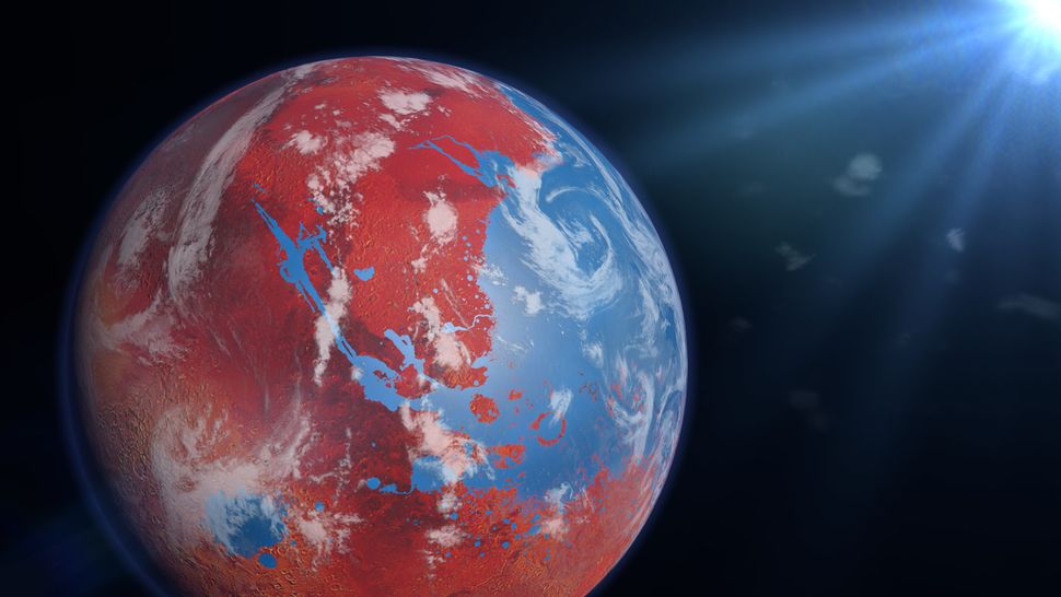 An artist's illustration of what an ocean on Mars may have looked like from space