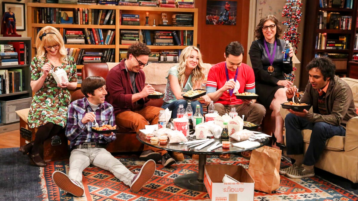 This photo provided by CBS shows Melissa Rauch, from left, Simon Helberg, Johnny Galecki, Kaley Cuoco, Jim Parsons, Mayim Bialik and Kunal Nayyar in a scene from the series finale of "The Big Bang Theory." "Game of Thrones," "Veep" and "The Big Bang Theory," three major series that wrapped last season, will find out with Tuesday's nominations if they have one more chance at Emmy gold. (Michael Yarish/CBS via AP)