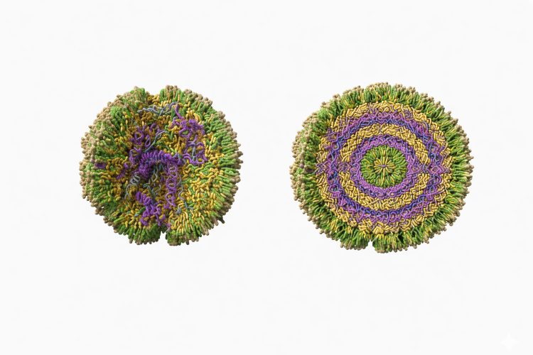 Organised lipid nanoparticles in which the cargo is neatly structured (right), and amorphous lipid nanoparticles where cargo is more disorganised (left). Credit: Artu Breuer, University of Copenhagen.