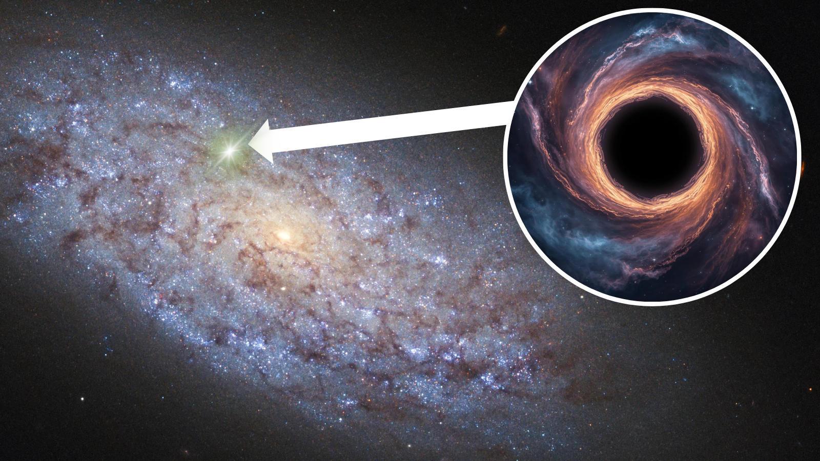 An illustration shows a wandering black hole and its home, a shining off center AGN in a dwarf galaxy