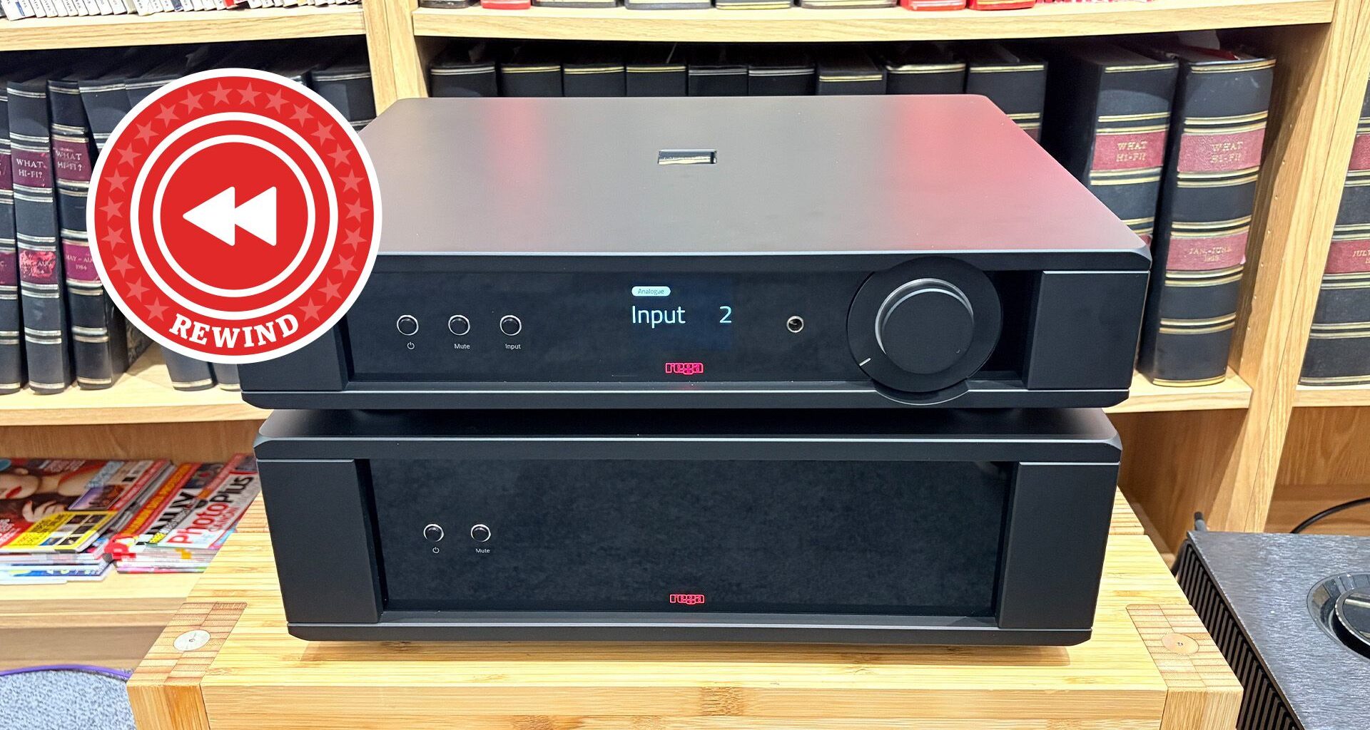Rega amp on stand with Rewind logo