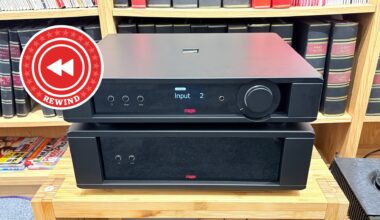 Rega amp on stand with Rewind logo