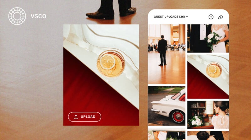 A photo editing app interface displays a circular drink with lemon on a table, an upload button, and a gallery of photos including a car, people dressed formally, and a woman holding flowers.