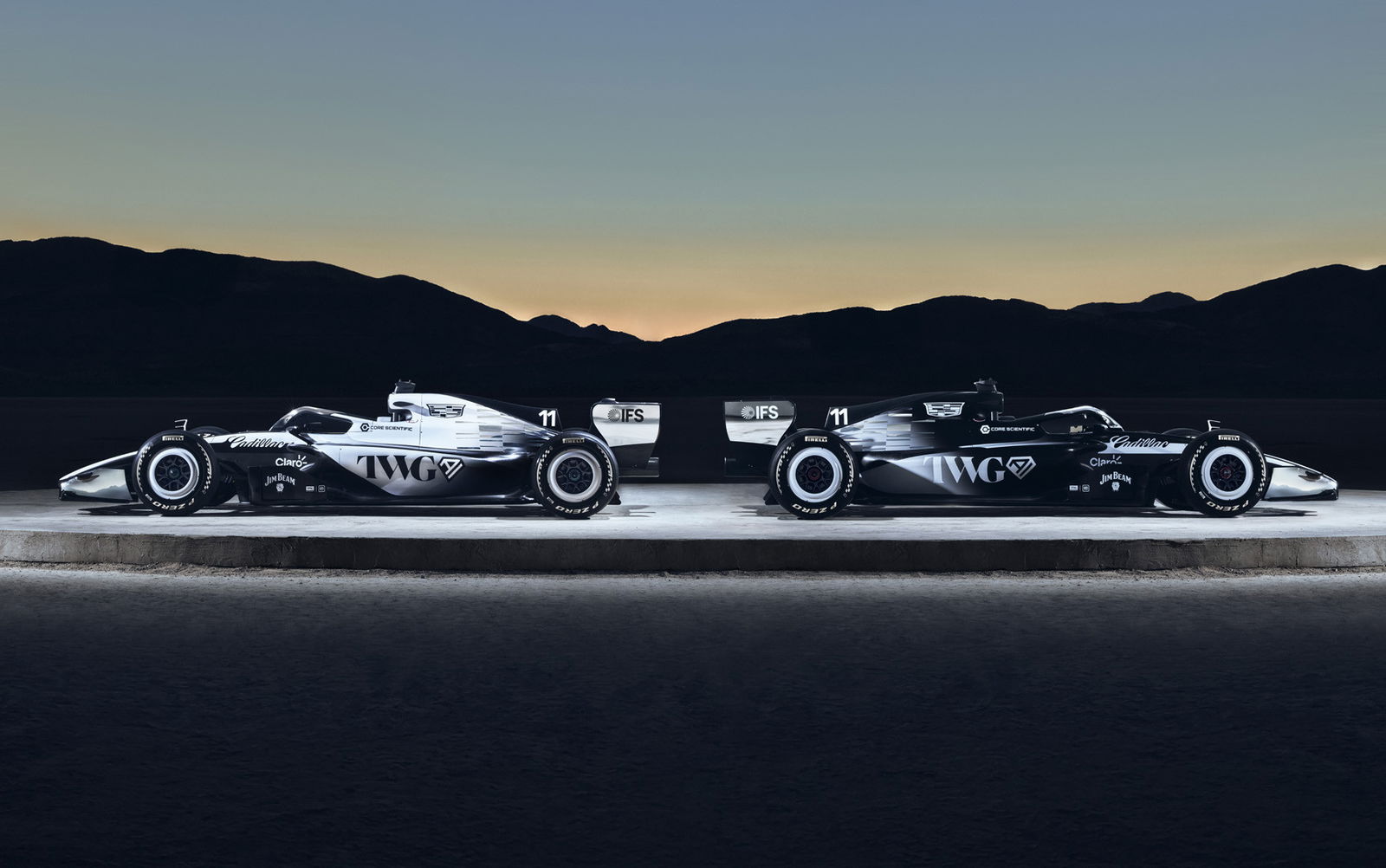 A side-by-side view of the Cadillac F1 livery showing the asymmetrical scheme.