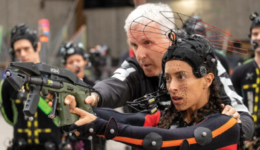 Director James Cameron and Oona Chaplin on the set of 20th Century Studios' Avatar Fire and Ash