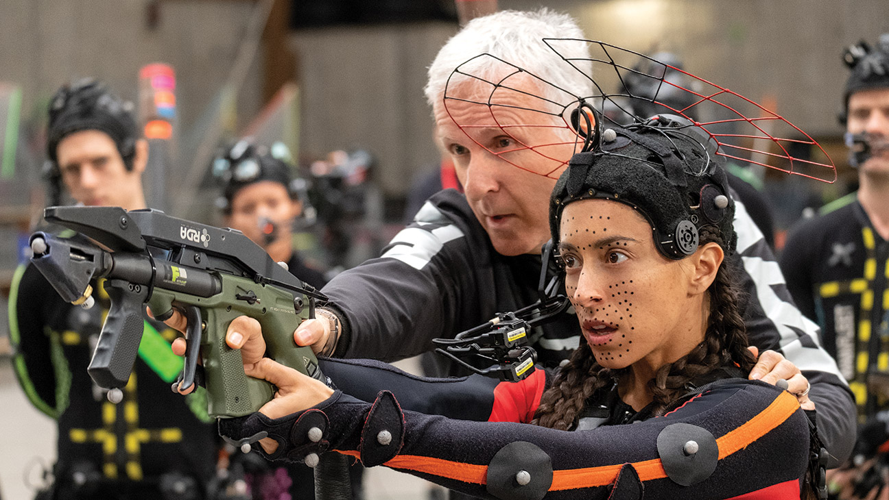 Director James Cameron and Oona Chaplin on the set of 20th Century Studios' Avatar Fire and Ash