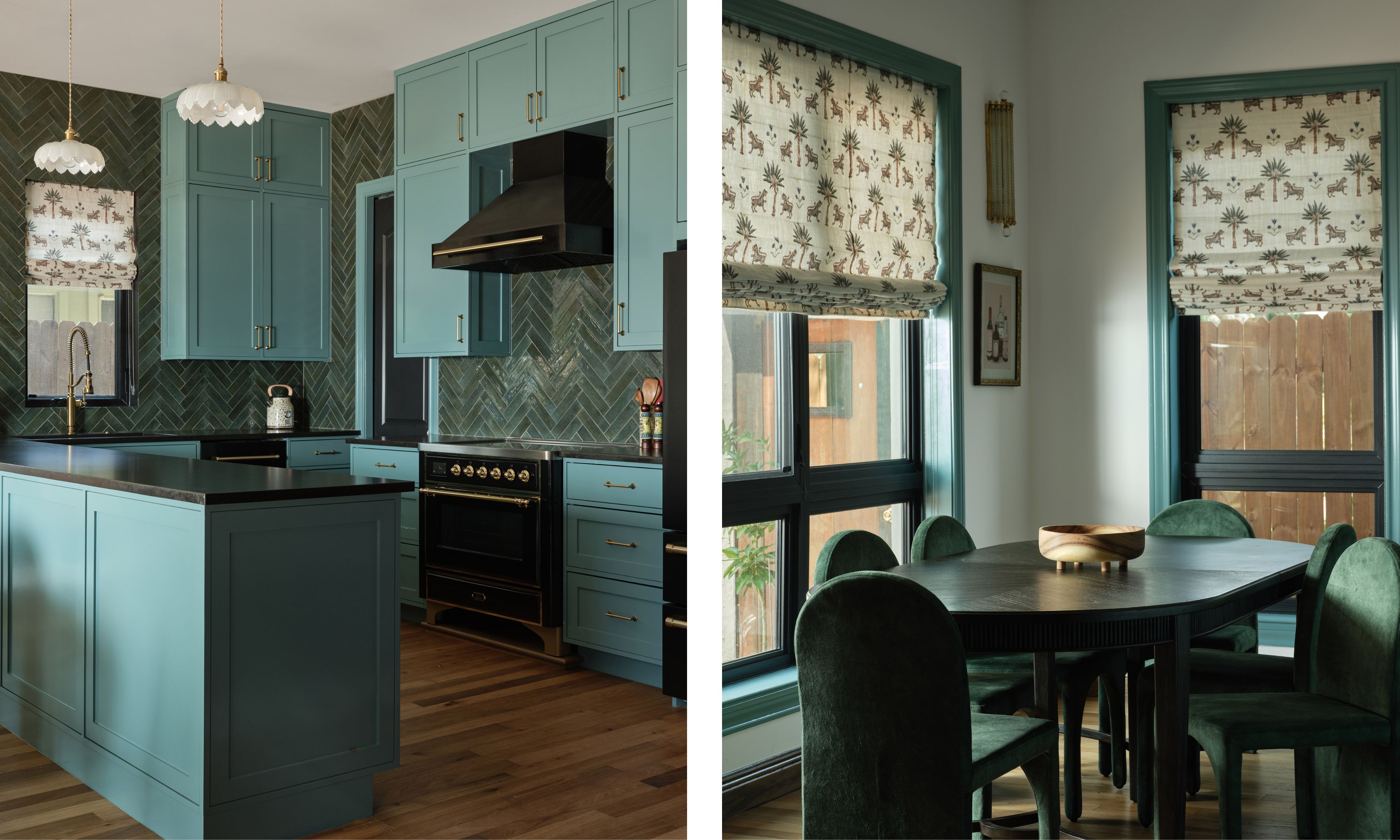 two shots side by side of the same kitchen, one showing the green units and green tiles and the other showing the green dining table and chairs