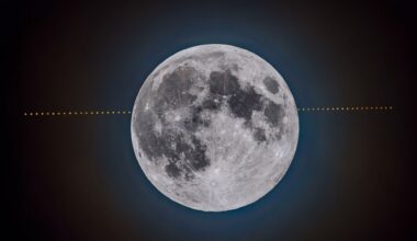 A bright closeup of the moon in space, showing its various maria, sits in front of a time lapse of a series of small orange dots as the planet Mars moves across the dark blue background