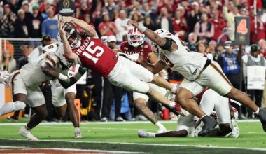 Fernando Mendoza of Indiana dives over the goal line in the college football playoff championship game on Jan. 19, 2026
