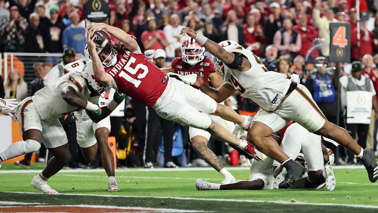 Fernando Mendoza of Indiana dives over the goal line in the college football playoff championship game on Jan. 19, 2026