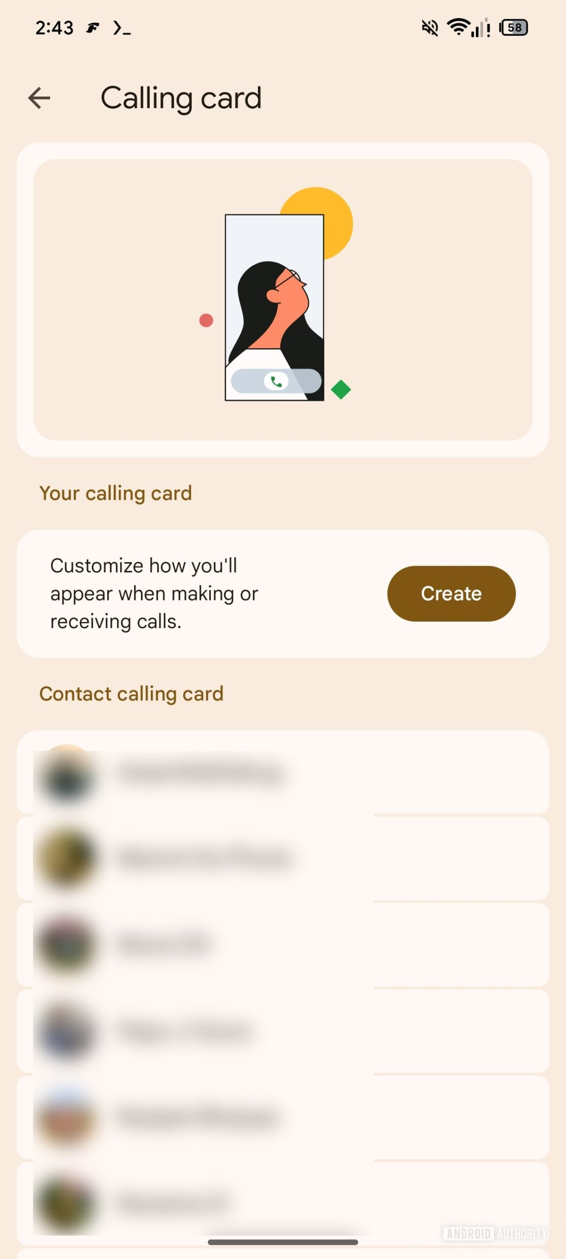 Google Phone app Calling Cards management screen