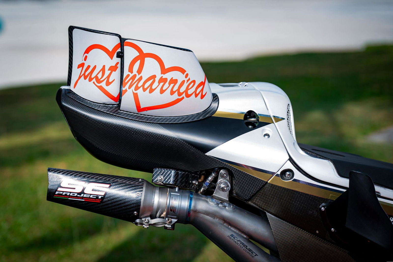 Marco Bezzecchi's RS-GP with "Just Married" on the rear winglets.