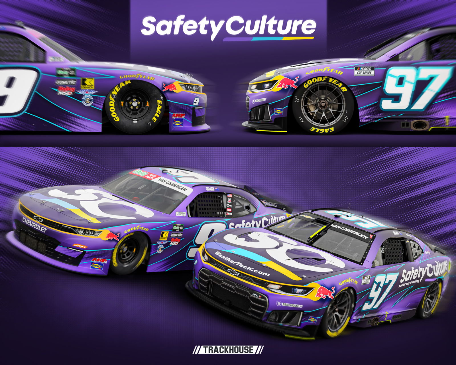 Shane van Gisbergen's SafetyCulture-backed #9 JR Motorsports and #97 Trackhouse Racing Chevrolet Camaro pair.
