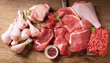 various types of fresh meat: pork, beef, turkey and chicken on a wooden table, top view