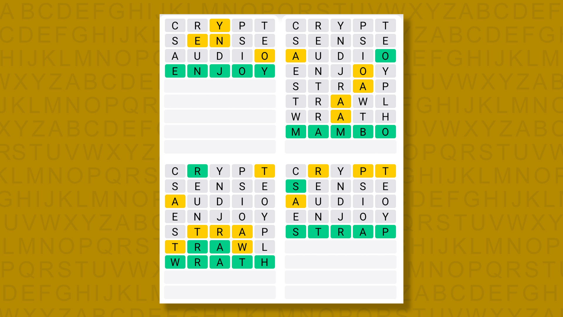 Quordle answers for game 1476 on a yellow background
