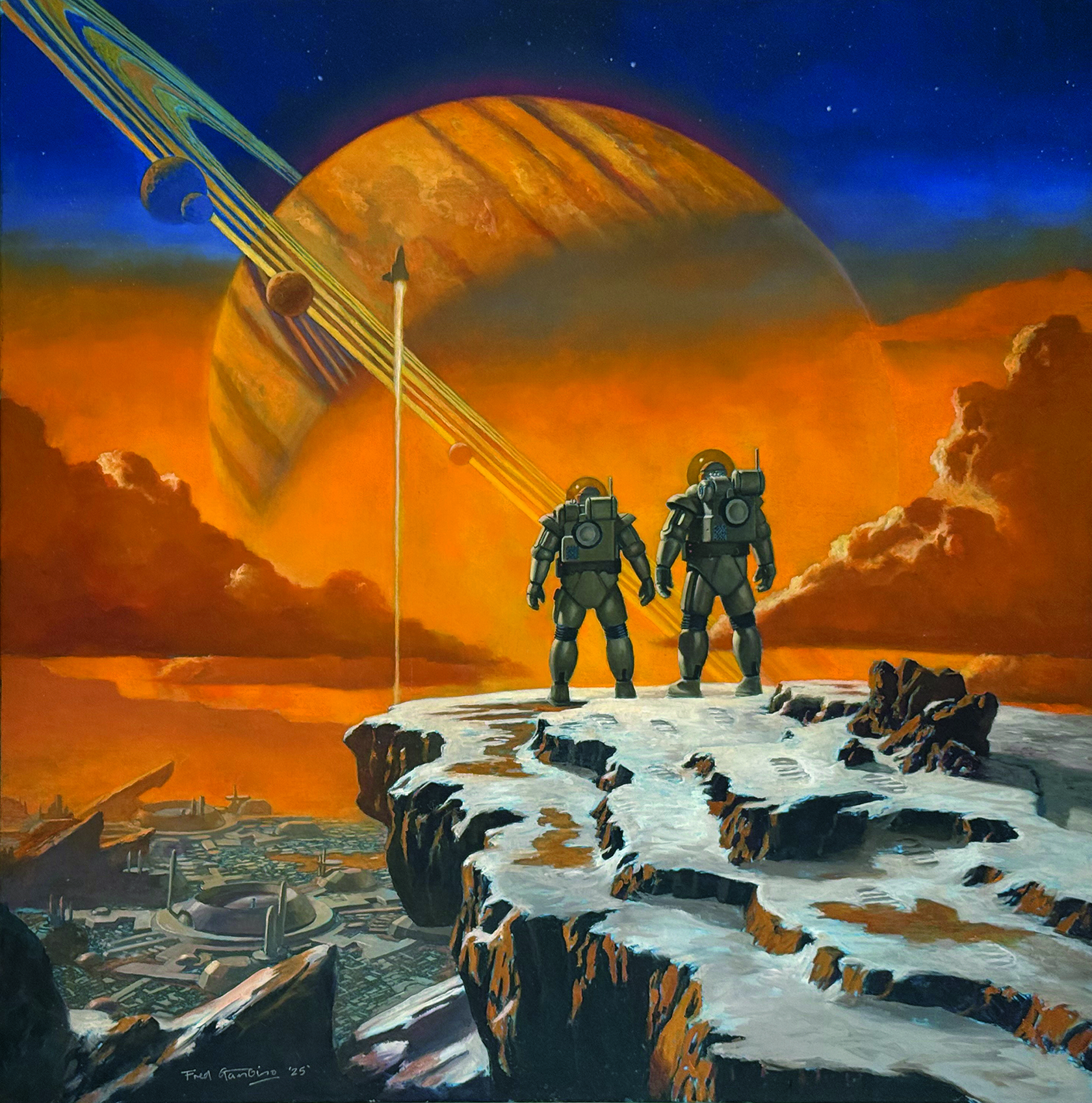 Oil paintings of a fantasy sci-fi scene by Fred Gambino